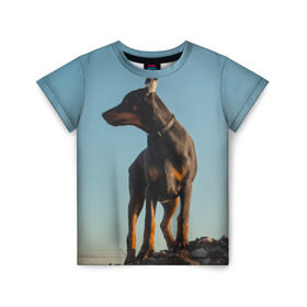 Детская футболка 3D с принтом Доберман в Петрозаводске, 100% гипоаллергенный полиэфир | прямой крой, круглый вырез горловины, длина до линии бедер, чуть спущенное плечо, ткань немного тянется | доберман | доберманы | пес | песик | псы | собака | собаки