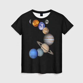 Женская футболка 3D с принтом Парад планет в Петрозаводске, 100% полиэфир ( синтетическое хлопкоподобное полотно) | прямой крой, круглый вырез горловины, длина до линии бедер | звёзды | космическое пространство | космос | планета | созвездие