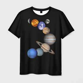 Мужская футболка 3D с принтом Парад планет в Петрозаводске, 100% полиэфир | прямой крой, круглый вырез горловины, длина до линии бедер | звёзды | космическое пространство | космос | планета | созвездие