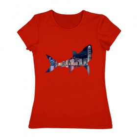 Женская футболка хлопок с принтом акула город в Петрозаводске, 100% хлопок | прямой крой, круглый вырез горловины, длина до линии бедер, слегка спущенное плечо | 