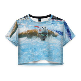 Женская футболка 3D укороченная с принтом Пловец в Петрозаводске, 100% полиэстер | круглая горловина, длина футболки до линии талии, рукава с отворотами | бассейн | вода | пловец