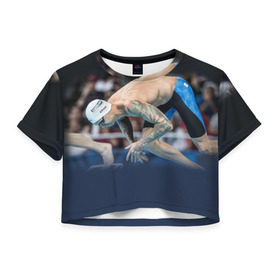 Женская футболка 3D укороченная с принтом Пловец в Петрозаводске, 100% полиэстер | круглая горловина, длина футболки до линии талии, рукава с отворотами | бассейн | вода | прыжок