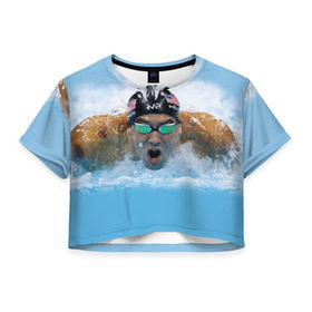 Женская футболка 3D укороченная с принтом swimmer в Петрозаводске, 100% полиэстер | круглая горловина, длина футболки до линии талии, рукава с отворотами | пловец