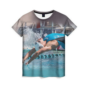 Женская футболка 3D с принтом Пловец в Петрозаводске, 100% полиэфир ( синтетическое хлопкоподобное полотно) | прямой крой, круглый вырез горловины, длина до линии бедер | swimmer