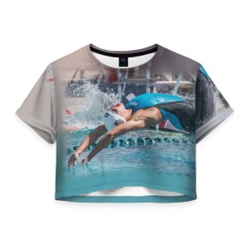 Женская футболка 3D укороченная с принтом Пловец в Петрозаводске, 100% полиэстер | круглая горловина, длина футболки до линии талии, рукава с отворотами | swimmer