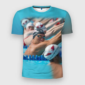 Мужская футболка 3D спортивная с принтом Swimming в Петрозаводске, 100% полиэстер с улучшенными характеристиками | приталенный силуэт, круглая горловина, широкие плечи, сужается к линии бедра | пловцы