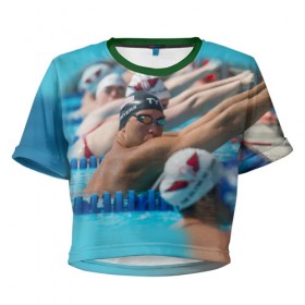 Женская футболка 3D укороченная с принтом Swimming в Петрозаводске, 100% полиэстер | круглая горловина, длина футболки до линии талии, рукава с отворотами | пловцы