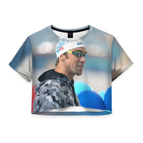 Женская футболка 3D укороченная с принтом Swimmer в Петрозаводске, 100% полиэстер | круглая горловина, длина футболки до линии талии, рукава с отворотами | пловец