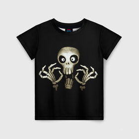 Детская футболка 3D с принтом Скeлетик в Петрозаводске, 100% гипоаллергенный полиэфир | прямой крой, круглый вырез горловины, длина до линии бедер, чуть спущенное плечо, ткань немного тянется | bones | halloween | skull в идеи подарков в хеллоуин | скелет | скелеты | хеллоиун | хэллоуин | хэлоуин | череп | черепа