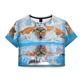 Женская футболка 3D укороченная с принтом Пловец в Петрозаводске, 100% полиэстер | круглая горловина, длина футболки до линии талии, рукава с отворотами | плавание