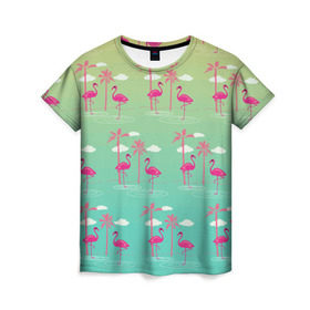Женская футболка 3D с принтом Фламинго и пальмы в Петрозаводске, 100% полиэфир ( синтетическое хлопкоподобное полотно) | прямой крой, круглый вырез горловины, длина до линии бедер | Тематика изображения на принте: животные | мозаика | пальмы | птицы | тропики | узор | фауна | фламинго