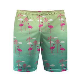Мужские шорты 3D спортивные с принтом Фламинго и пальмы в Петрозаводске,  |  | Тематика изображения на принте: животные | мозаика | пальмы | птицы | тропики | узор | фауна | фламинго