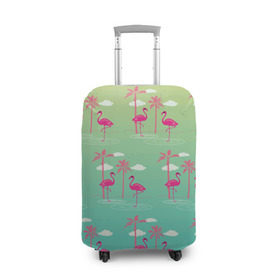Чехол для чемодана 3D с принтом Фламинго и пальмы в Петрозаводске, 86% полиэфир, 14% спандекс | двустороннее нанесение принта, прорези для ручек и колес | животные | мозаика | пальмы | птицы | тропики | узор | фауна | фламинго