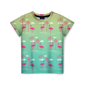 Детская футболка 3D с принтом Фламинго и пальмы в Петрозаводске, 100% гипоаллергенный полиэфир | прямой крой, круглый вырез горловины, длина до линии бедер, чуть спущенное плечо, ткань немного тянется | животные | мозаика | пальмы | птицы | тропики | узор | фауна | фламинго