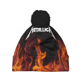 Шапка 3D c помпоном с принтом Metallica fire в Петрозаводске, 100% полиэстер | универсальный размер, печать по всей поверхности изделия | Тематика изображения на принте: металлика
