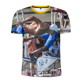 Мужская футболка 3D спортивная с принтом Swimmer в Петрозаводске, 100% полиэстер с улучшенными характеристиками | приталенный силуэт, круглая горловина, широкие плечи, сужается к линии бедра | плавание | пловец. прыжок