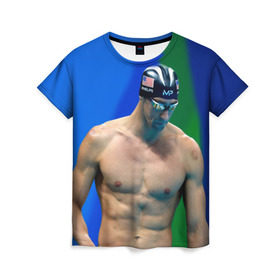Женская футболка 3D с принтом Michael Phelps в Петрозаводске, 100% полиэфир ( синтетическое хлопкоподобное полотно) | прямой крой, круглый вырез горловины, длина до линии бедер | бассейн | пловец | чемпион. фелепс