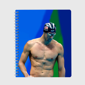 Тетрадь с принтом Michael Phelps в Петрозаводске, 100% бумага | 48 листов, плотность листов — 60 г/м2, плотность картонной обложки — 250 г/м2. Листы скреплены сбоку удобной пружинной спиралью. Уголки страниц и обложки скругленные. Цвет линий — светло-серый
 | Тематика изображения на принте: бассейн | пловец | чемпион. фелепс