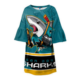 Детское платье 3D с принтом San Jose Sharks в Петрозаводске, 100% полиэстер | прямой силуэт, чуть расширенный к низу. Круглая горловина, на рукавах — воланы | nhl | san jose sharks | sharks | stanley cup | кубок стенли | кубок стэнли | нхл | сан хосе | сан хосе шаркс | хоккей | хоккейный клуб | шаркс