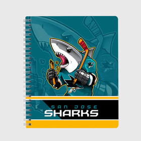 Тетрадь с принтом San Jose Sharks в Петрозаводске, 100% бумага | 48 листов, плотность листов — 60 г/м2, плотность картонной обложки — 250 г/м2. Листы скреплены сбоку удобной пружинной спиралью. Уголки страниц и обложки скругленные. Цвет линий — светло-серый
 | Тематика изображения на принте: nhl | san jose sharks | sharks | stanley cup | кубок стенли | кубок стэнли | нхл | сан хосе | сан хосе шаркс | хоккей | хоккейный клуб | шаркс