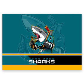 Поздравительная открытка с принтом San Jose Sharks в Петрозаводске, 100% бумага | плотность бумаги 280 г/м2, матовая, на обратной стороне линовка и место для марки
 | Тематика изображения на принте: nhl | san jose sharks | sharks | stanley cup | кубок стенли | кубок стэнли | нхл | сан хосе | сан хосе шаркс | хоккей | хоккейный клуб | шаркс