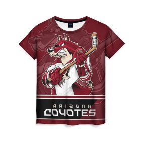 Женская футболка 3D с принтом Arizona Coyotes в Петрозаводске, 100% полиэфир ( синтетическое хлопкоподобное полотно) | прямой крой, круглый вырез горловины, длина до линии бедер | arizona coyotes | nhl | stanley cup | аризона койотис | аризона койоты | кубок стенли | кубок стэнли | нхл | хоккей | хоккейный клуб