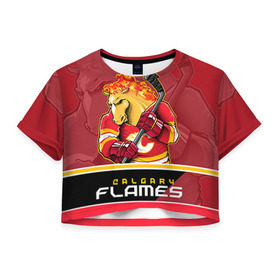 Женская футболка 3D укороченная с принтом Calgary Flames в Петрозаводске, 100% полиэстер | круглая горловина, длина футболки до линии талии, рукава с отворотами | calgary flames | nhl | stanley cup | калгари флэймз | кубок стенли | кубок стэнли | нхл | флэймс | хоккей | хоккейный клуб