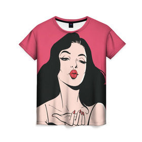 Женская футболка 3D с принтом Воздушный поцелуй в Петрозаводске, 100% полиэфир ( синтетическое хлопкоподобное полотно) | прямой крой, круглый вырез горловины, длина до линии бедер | брюнетка | о.м.с.к. | поп арт | поцелуй