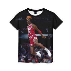 Женская футболка 3D с принтом Michael Jordan в Петрозаводске, 100% полиэфир ( синтетическое хлопкоподобное полотно) | прямой крой, круглый вырез горловины, длина до линии бедер | michael jordan | баскетбол | майкл джордан | нба