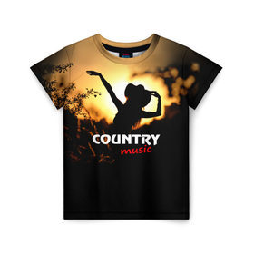 Детская футболка 3D с принтом Country music в Петрозаводске, 100% гипоаллергенный полиэфир | прямой крой, круглый вырез горловины, длина до линии бедер, чуть спущенное плечо, ткань немного тянется | country | music | девушка | кантри | ковбой | мелодия | музыка | шляпа