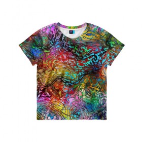 Детская футболка 3D с принтом Буйство красок в Петрозаводске, 100% гипоаллергенный полиэфир | прямой крой, круглый вырез горловины, длина до линии бедер, чуть спущенное плечо, ткань немного тянется | краски | линии | мозаика | орнамент | узор | цвет