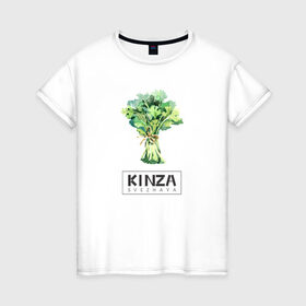 Женская футболка хлопок с принтом KINZA в Петрозаводске, 100% хлопок | прямой крой, круглый вырез горловины, длина до линии бедер, слегка спущенное плечо | kenzo | kinza | антибренд | бренд | кензо | кинза | пародии