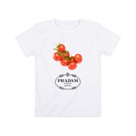 Детская футболка хлопок с принтом PRADAM в Петрозаводске, 100% хлопок | круглый вырез горловины, полуприлегающий силуэт, длина до линии бедер | Тематика изображения на принте: prada | pradam | антибренд | бренд | пародии | прада | прадам