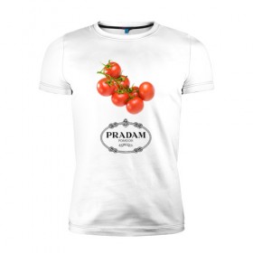 Мужская футболка премиум с принтом PRADAM в Петрозаводске, 92% хлопок, 8% лайкра | приталенный силуэт, круглый вырез ворота, длина до линии бедра, короткий рукав | prada | pradam | антибренд | бренд | пародии | прада | прадам