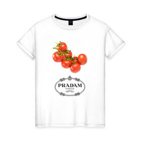 Женская футболка хлопок с принтом PRADAM в Петрозаводске, 100% хлопок | прямой крой, круглый вырез горловины, длина до линии бедер, слегка спущенное плечо | prada | pradam | антибренд | бренд | пародии | прада | прадам