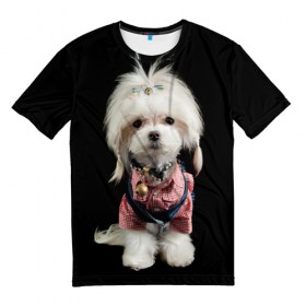 Мужская футболка 3D с принтом Хиппи пес в Петрозаводске, 100% полиэфир | прямой крой, круглый вырез горловины, длина до линии бедер | дикие | лев | милые | новинки | орел | популярные | прикольные | природа | символ | тигр | яркие