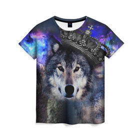 Женская футболка 3D с принтом King Wolf в Петрозаводске, 100% полиэфир ( синтетическое хлопкоподобное полотно) | прямой крой, круглый вырез горловины, длина до линии бедер | животное | зверь | космос | природа волк | русь | славяне