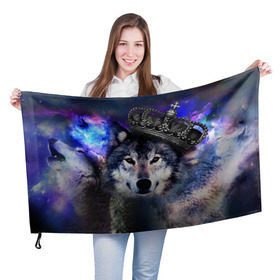 Флаг 3D с принтом King Wolf в Петрозаводске, 100% полиэстер | плотность ткани — 95 г/м2, размер — 67 х 109 см. Принт наносится с одной стороны | животное | зверь | космос | природа волк | русь | славяне