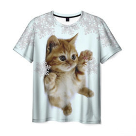 Мужская футболка 3D с принтом Котенок и снежинки в Петрозаводске, 100% полиэфир | прямой крой, круглый вырез горловины, длина до линии бедер | 2017 | котенок | милые создания | милый котенок | новый год | подарок на новый год | снежинки