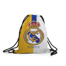 Рюкзак-мешок 3D с принтом Real Madrid CF в Петрозаводске, 100% полиэстер | плотность ткани — 200 г/м2, размер — 35 х 45 см; лямки — толстые шнурки, застежка на шнуровке, без карманов и подкладки | Тематика изображения на принте: football | испания | клуб | мадрид | реал | фк | футбольный