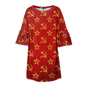 Детское платье 3D с принтом СССР в Петрозаводске, 100% полиэстер | прямой силуэт, чуть расширенный к низу. Круглая горловина, на рукавах — воланы | Тематика изображения на принте: ussr | герб | звезда | молот | серп | советский | союз