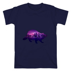 Мужская футболка хлопок с принтом енот город в Петрозаводске, 100% хлопок | прямой крой, круглый вырез горловины, длина до линии бедер, слегка спущенное плечо. | вода | город | енот | залив | здания | огни | розовый | фиолетовый