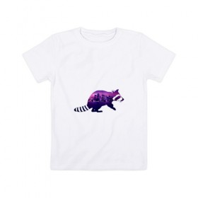 Детская футболка хлопок с принтом енот город в Петрозаводске, 100% хлопок | круглый вырез горловины, полуприлегающий силуэт, длина до линии бедер | вода | город | енот | залив | здания | огни | розовый | фиолетовый
