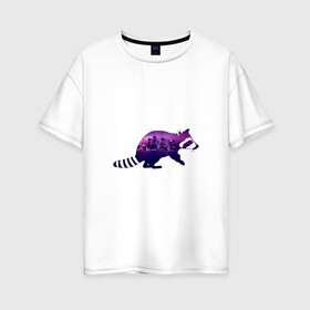 Женская футболка хлопок Oversize с принтом енот город в Петрозаводске, 100% хлопок | свободный крой, круглый ворот, спущенный рукав, длина до линии бедер
 | вода | город | енот | залив | здания | огни | розовый | фиолетовый