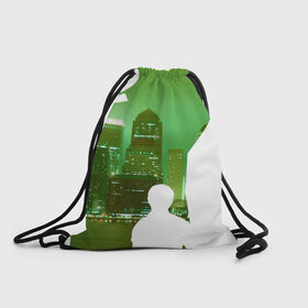 Рюкзак-мешок 3D с принтом зеленый фонарь город в Петрозаводске, 100% полиэстер | плотность ткани — 200 г/м2, размер — 35 х 45 см; лямки — толстые шнурки, застежка на шнуровке, без карманов и подкладки | вода | город | залив | здания | зеленый | огни | розовый | супергерой | фиолетовый | фонарь