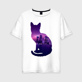 Женская футболка хлопок Oversize с принтом кошка город в Петрозаводске, 100% хлопок | свободный крой, круглый ворот, спущенный рукав, длина до линии бедер
 | вода | город | залив | здания | киса | кот | кошка | огни | розовый | фиолетовый