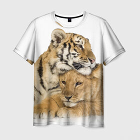 Мужская футболка 3D с принтом Тигр и львица в Петрозаводске, 100% полиэфир | прямой крой, круглый вырез горловины, длина до линии бедер | дикие | милые | природа | тигр | яркие