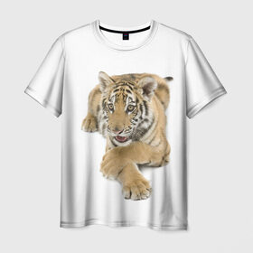 Мужская футболка 3D с принтом Ласковый тигренок в Петрозаводске, 100% полиэфир | прямой крой, круглый вырез горловины, длина до линии бедер | дикие | милые | природа | тигр | яркие