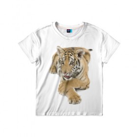 Детская футболка 3D с принтом Ласковый тигренок в Петрозаводске, 100% гипоаллергенный полиэфир | прямой крой, круглый вырез горловины, длина до линии бедер, чуть спущенное плечо, ткань немного тянется | дикие | милые | природа | тигр | яркие