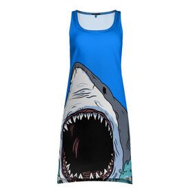 Платье-майка 3D с принтом shark в Петрозаводске, 100% полиэстер | полуприлегающий силуэт, широкие бретели, круглый вырез горловины, удлиненный подол сзади. | fish | ocean | shark | water | акула | море | океан | рыба